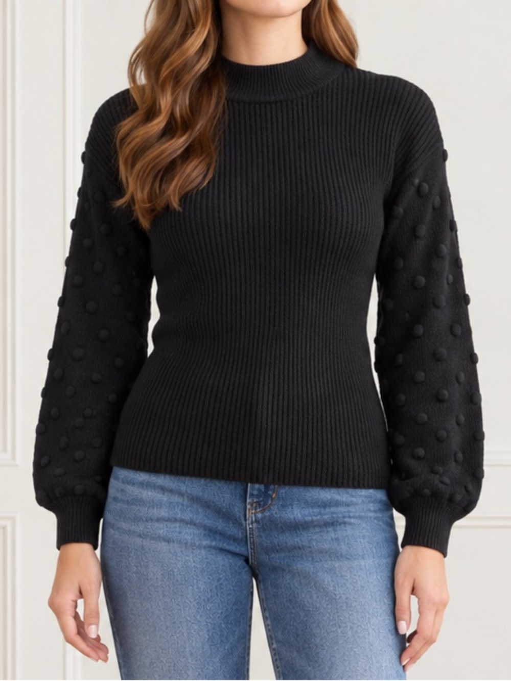 CeCe Black Bobble Sleeve Sweater Small Mock Neck Ribbed Knit Balloon Sleeve